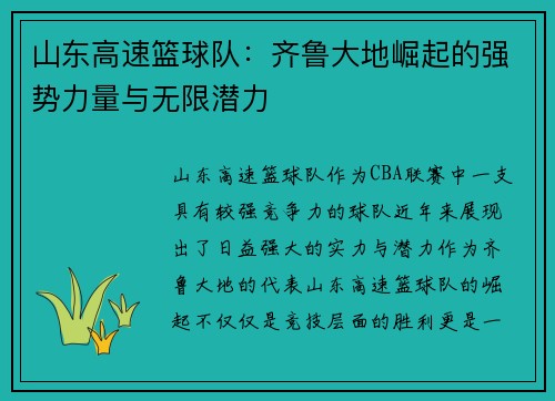 山东高速篮球队：齐鲁大地崛起的强势力量与无限潜力