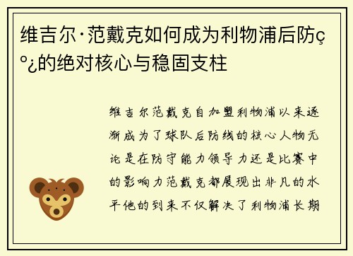 维吉尔·范戴克如何成为利物浦后防线的绝对核心与稳固支柱