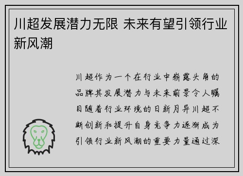 川超发展潜力无限 未来有望引领行业新风潮