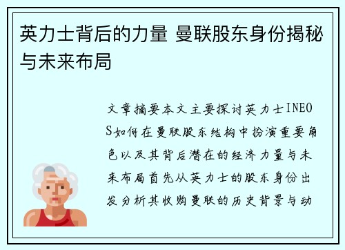 英力士背后的力量 曼联股东身份揭秘与未来布局